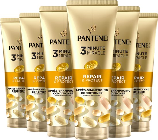 Lot de six tubes dorés Pantene Pro-V 3 Minute Miracle Repair & Protect après-shampooing.
