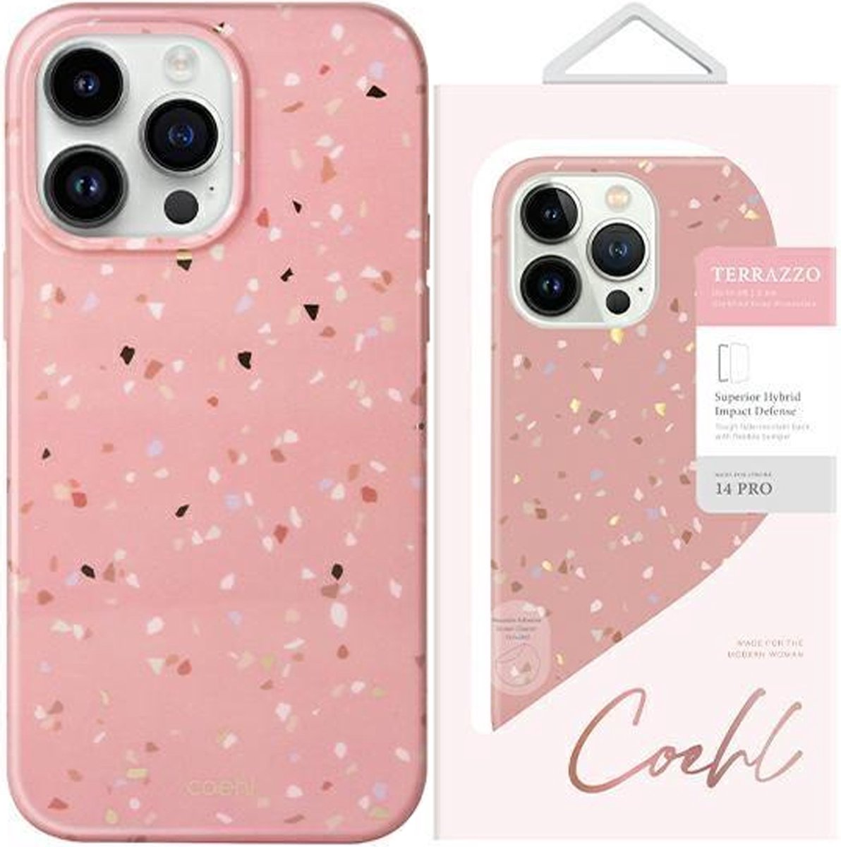 UNIQ - Coehl - Terrazzo iPhone - 14 - Pro - 6.1 - hoesje - roze/koraalroze