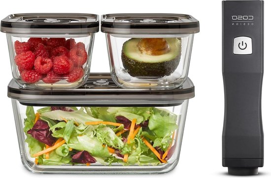 CASO VacuBoxx Eco-Set - 3 vacuümcontainers van borosilicaatglas, BPA-vrij, incl. vacuümslang en adapter voor alle Caso vacuümverpakker/handpompen, hittebestendig, vaatwasmachinebestendig