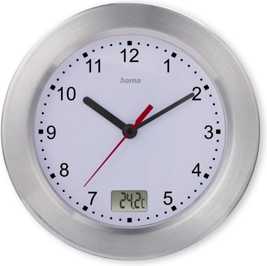 Witte analoge Hama klok met digitale temperatuurweergave (24.2°C) en een rode secondewijzer, omringd door een zilverkleurig metalen frame.