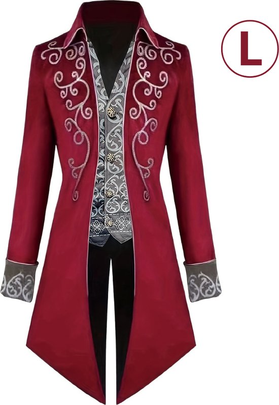 Veste rouge style steampunk avec broderies argentées en volutes sur le col et les poignets, avec un gilet gris.