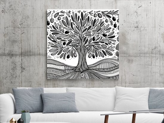 Doodle olijfboom schilderij | Olea doodle: een kunstwerk dat de olijfboom tot leven brengt | Kunst - 20x20 centimeter op Dibond | Foto op Dibond