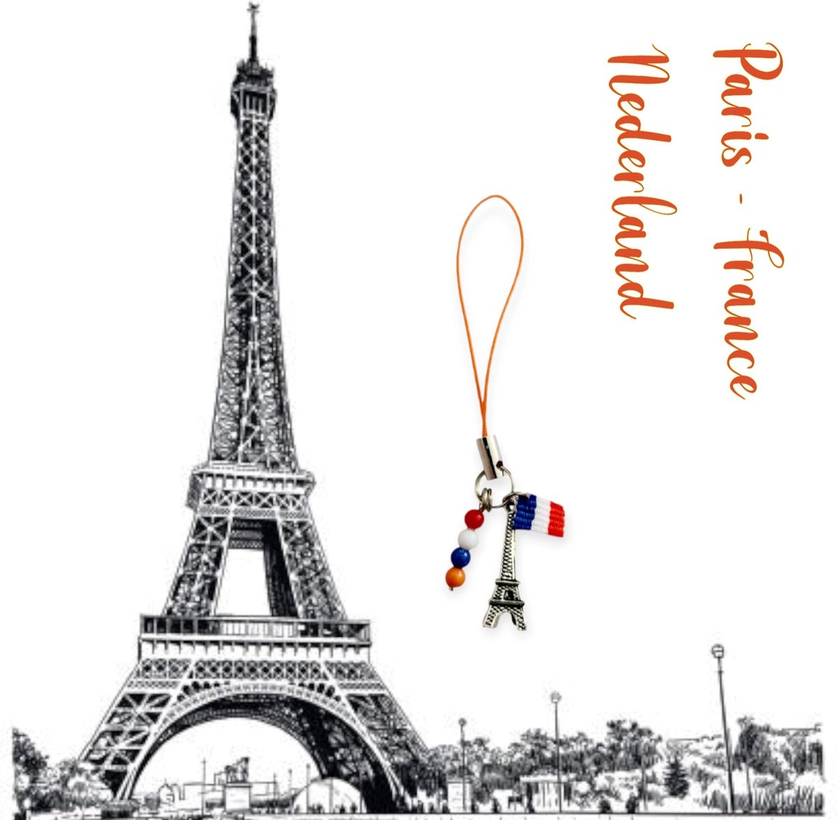 H.A.M.A. - Hand-Made Sleutel Mobiel Rits koord bedel beads Nederland - 1 stuk - Key Mobile Zipper Bag Wallet - Eiffeltoren charm bedel / Le Tricolore F vlag / NL nationale kleuren - Casual
