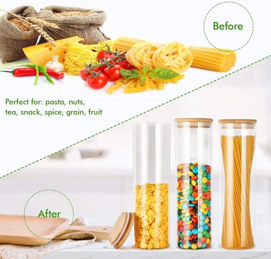 Lot de 3 bocaux de conservation avec Ring en silicone et couvercles en Bamboo 1500 ml x 2/2100 ml – Récipients de Kitchen en verre Air pour céréales – Jam , pâtes, spagti, grains de Coffee , cookies, collations, pot de farine