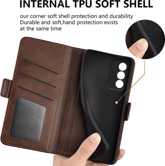 Bruine wallet case open met losse zwarte TPU hoes. Interne details van TPU hoes en pasjesvakjes getoond.