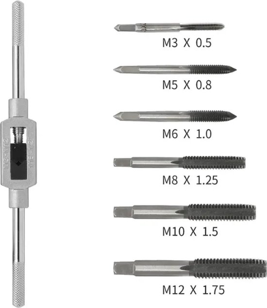 Schroefdraad tap set met handvat, met m3 x 0.5, m5 x 0.8, m6 x 1.0, m8 x 1.25, m10 x 1.5 en m12 x 1.75 tappen.