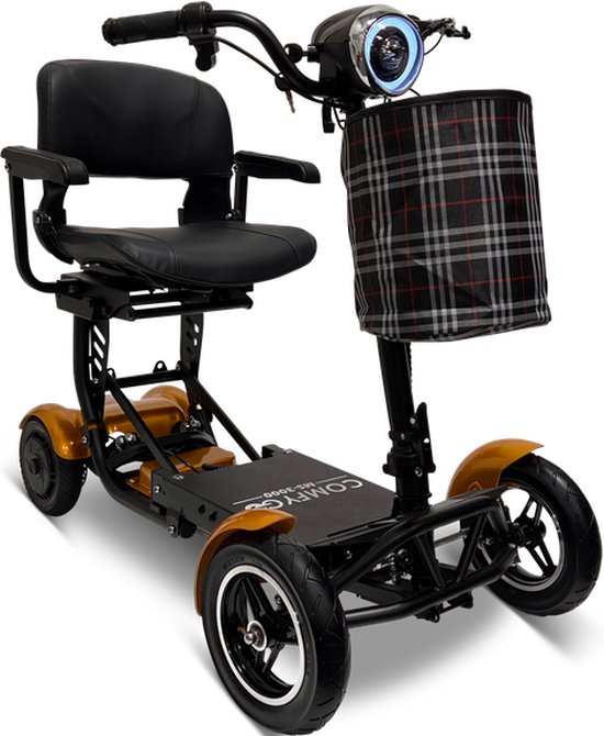 Gouden opvouwbare scootmobiel met vier wielen, zwarte zitting, mandje en koplamp.