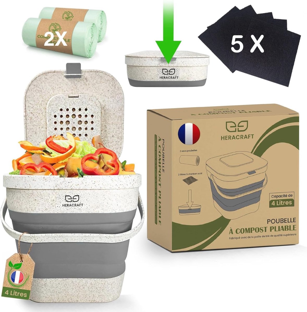 Afvalemmer voor Voedselafval met Deksel en Geurfilter - Compostbak voor de Keuken met Hand
