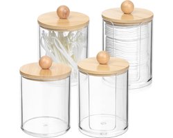 Wattenstaafjeshouder en Dispenser Set - 4 Stuks Acryl en Bamboe voor Make-up en Badkamer