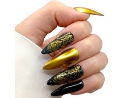 SD Press on Nails - No. 34 Gold Lux - XL Stiletto - Zwart Metallic Goud - Plaknagels - Gelnagels - Handgemaakte Nagels - 20 stuks - Cosplay - Accessoires - (gel)Nagellak - Nepnagels - Nagelstudio - Nail Art - Nagels met lijm - Halloween