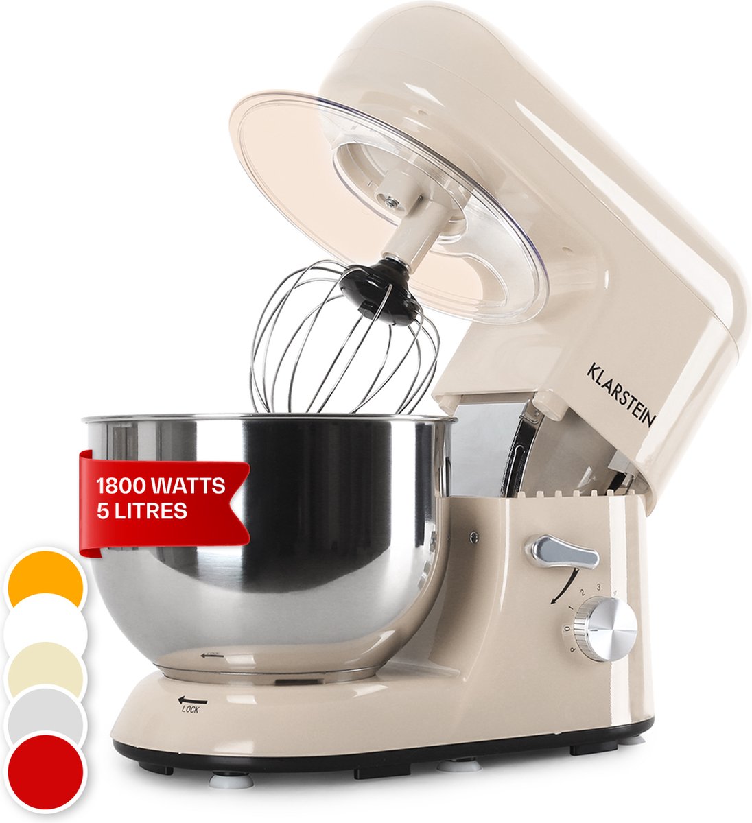 Klarstein Bella Elegance Keukenmachine Mixer - 2000 W - 6 Vermogensstanden - Pulse Functie - Planetair Mengsysteem - 5 L Roestvrijstalen Kom - 3-Delig Accessoires: Deeg- & Kneedhaak - Garde - Applicaties - Roestvrij Staal - Zonder BPA - Crème