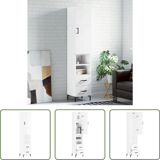 TUKAILAi Witte moderne hoge kast, vloeropbergkast met spiegel, 2 deuren en 2 open planken, houten smalle vrijstaande eenheid 30 x 30 x 163 cm voor badkamer woonkamer toilet