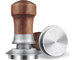 54 mm veerbelaste espresso tamper - instelbare diepe koffiestamper - walnoothouten handvat - roestvrij stalen schroefdraadbasis - zilver