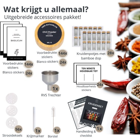 Inhoud van het Organess kruidenpotjes pakket: 144 voorbedrukte stickers, 24 blanco stickers, trechter, borstel, 56 strooideksels en handleiding.