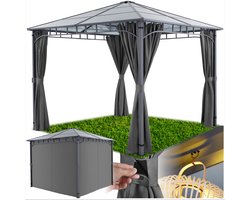 tectake® - Tuinpaviljoen 3x3 - Luxe tuinpaviljoen - Terras paviljoen - Met zijwanden - Aluminium gepoedercoat frame - Incl. 8 haringen - Grijs