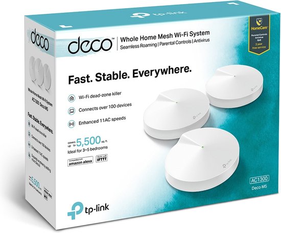 Doos van TP-Link Deco M5 Whole Home Mesh Wifi System met drie wifi-apparaten erop.