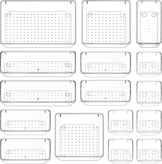 Litimkat 25 stuks transparant lade-organisatiesysteem met plastic opbergdozen in 4 maten, antislip, transparante make-up-organizer voor badkamer, cosmetica, dressoir, keuken, kantoor, enz
