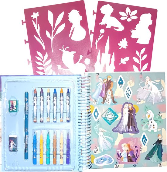 Disney Frozen - Activity Stencil Book - 16 kleurplaten - 2 stencils - 2 stickervellen - 6 waskrijtjes - 6 stiften - potlood - gum - puntenslijper - knutselen - Multimap