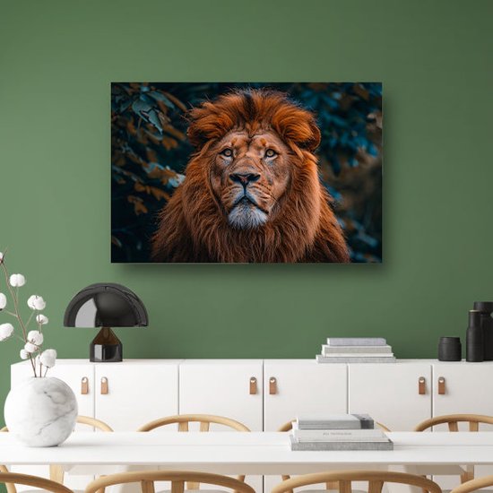 Leeuw wanddecoratie - Dieren schilderijen - Canvas schilderij Bladeren - Muurdecoratie industrieel - Canvas schilderij woonkamer - Kantoor accessoires canvas 120x80 cm