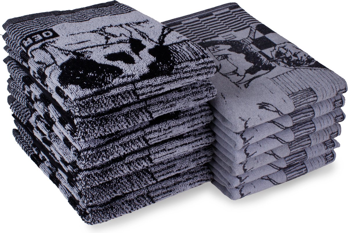 DoubleDry Theedoeken en Keukendoeken Set - 12 Stuks - 100% Katoen - Hoge Absorptie & Duurzaam - Boerderij, Zwart