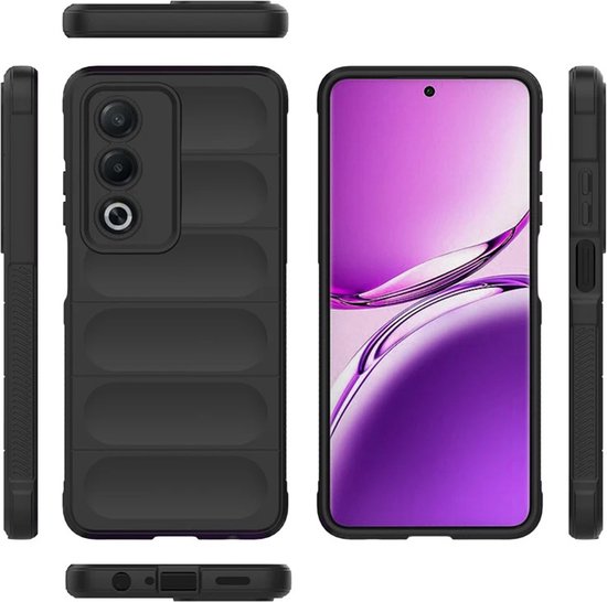 Zwarte telefoonhoes met horizontale ribbels, getoond vanaf alle zijden en voorkant met paars scherm.