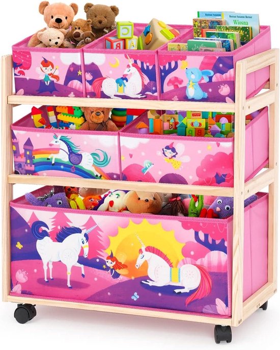 HOMCENT Kinderspeelgoedorganizer met wielen en 6 opbergdozen met grote capaciteit voor het opbergen van speelgoed voor kinderkamer, meisjeskamer