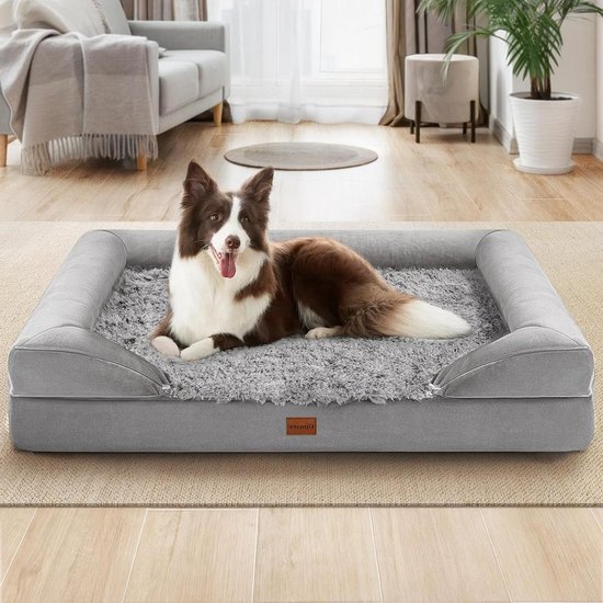 COSTWAY Orthopedisch Hondenbed, Groot, Hondenbank Met Hondenkussen Schuim Afneembare Wasbare Overtrek Verhoogde Randen Hondenbank Voor Grote En Middelgrote Honden Grijs Xl 122 X 89 X 18 Cm