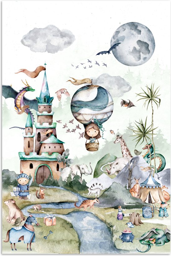 Poster kinderen - Kinderkamer decoratie - Kinderen - Luchtballon - Draak - Jongens - Kasteel - Waterverf - Schilderij voor kinderen - 60x90 cm - Poster kinderkamer