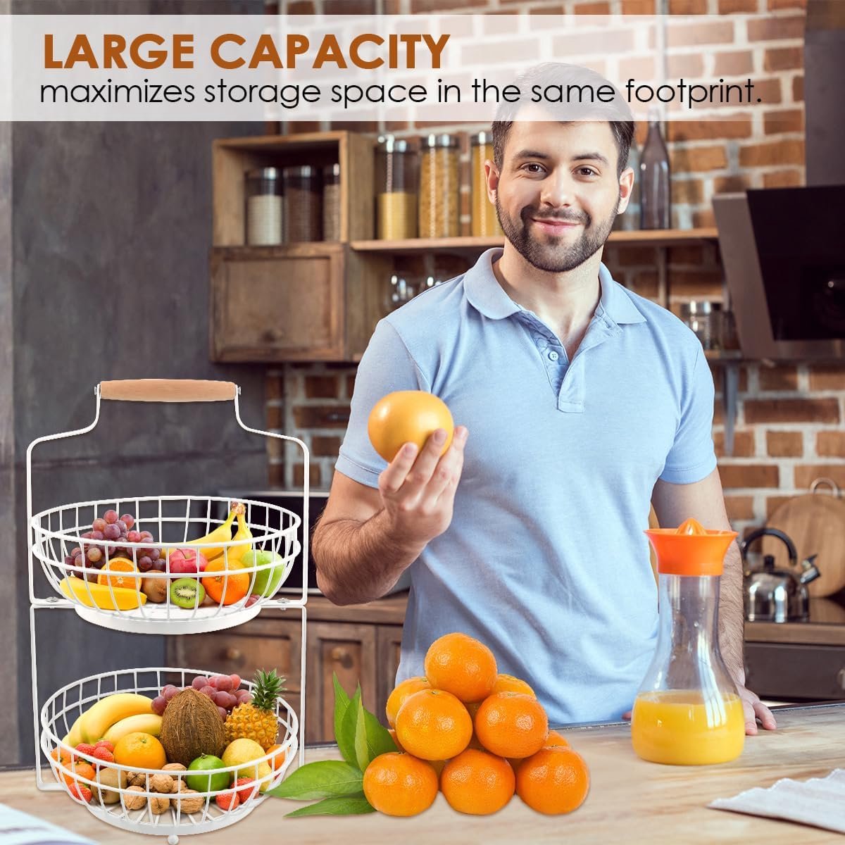 Corbeille à Fruits 2 étages Avec Cintres à Bananes – En Fil Métallique Noir, Rangement Cuisine - 8