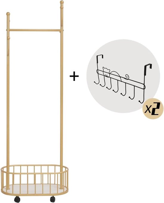 SABUIDDS Gouden kledingrek, kledingstang op 4 wielen en planken, industrieel design, vrijstaande kledinghanger, metalen kapstok, duurzaam, voor mantels, rokken, overhemden, truien
