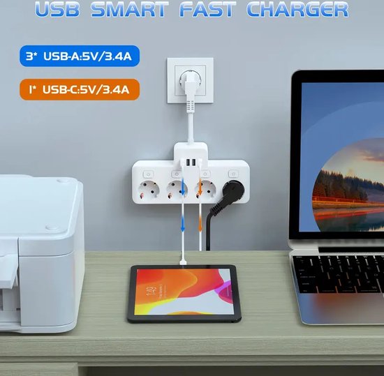 Igoods Kubus Stekkerdoos met Schakelaar - 4 USB Poorten - 5 Stopcontacten - Wit