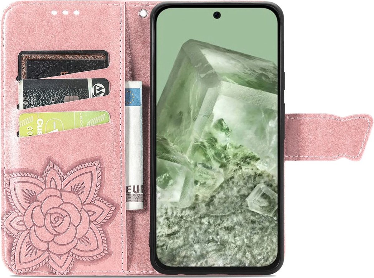 Mobigear Telefoonhoesje geschikt voor Google Pixel 8a Hoesje | Mobigear Butterfly Bookcase Portemonnee | Pasjeshouder voor 3 Pasjes | Telefoonhoesje voor Pinpas / OV Kaart / Rijbewijs - Roségoud
