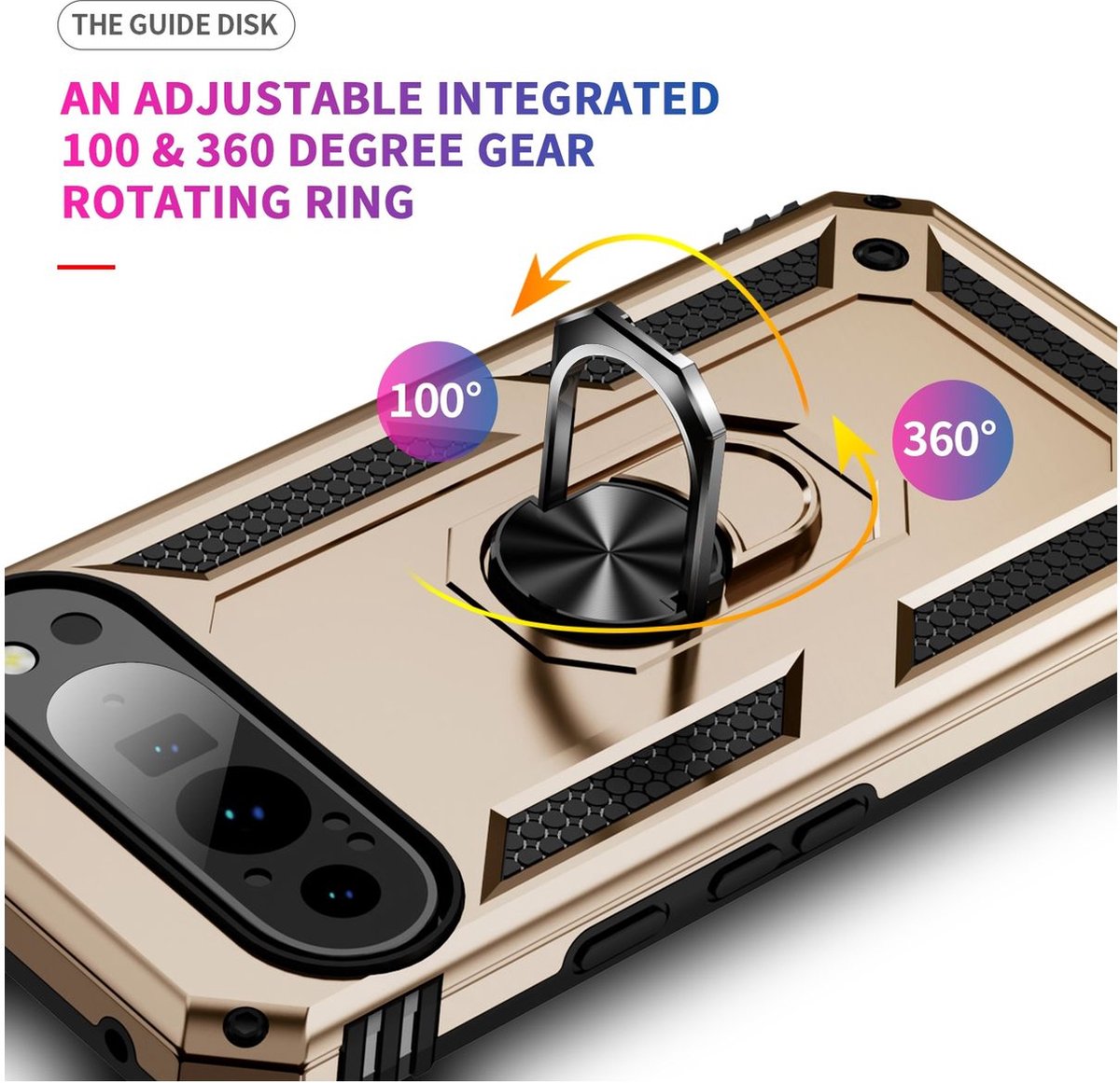 Mobigear Hoesje geschikt voor Google Pixel 9 Pro XL Telefoonhoesje Hardcase | Mobigear Armor Ring Backcover Shockproof met Ringhouder | Schokbestendig Pixel 9 Pro XL Telefoonhoesje | Anti Shock Proof - Goud