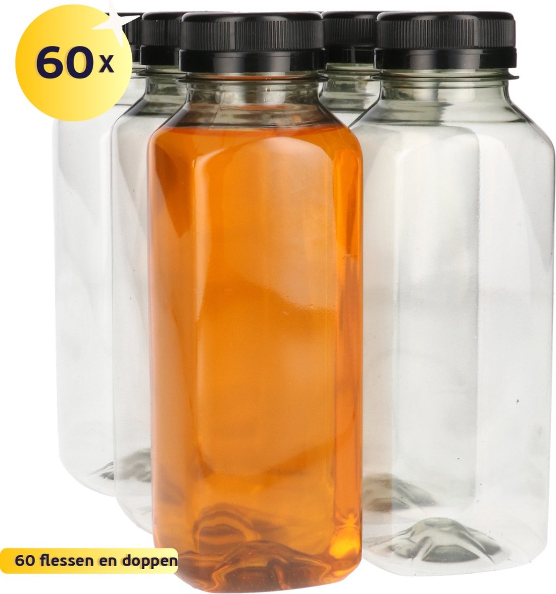 60 x Sapfles Plastic 330 ml - Vierkant - R-PET Flessen met Dop Zwart- Gerecycled PET - tot 60% minder Co2 uitstoot - 60 stuks