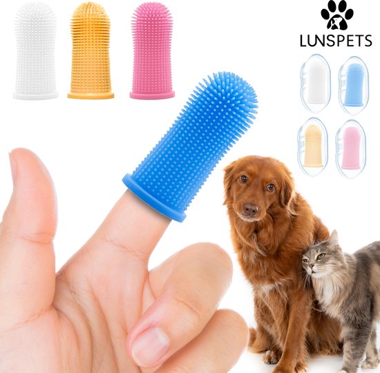 Lunspets Tandenborstel Hond & Kat set van 4 - Honden tandenborstel - Katten tandenborstel - Tandenborstel Kat & Hond - Tandverzorging Hond & Kat - Set van 4 - Multicolor - Inclusief 4 Opbergdozen!