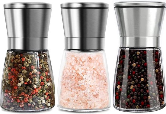 Bestdin Zout- en pepermolen, set van 2, 180 ml en 200 ml, roestvrij staal, zeezoutmolen met instelbare grofheid, pepermolen om te koken, navulbaar