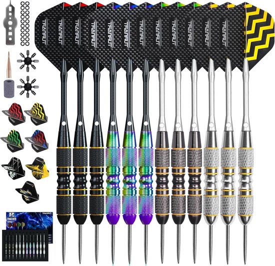 Turnart Darts Metalen Tip Set - Stalen Tip Darts Darts Set Professionele Metalen Darts Dartboard Set 12 Stks 24 Gram 20 O-Ringen Aluminium Darts Schachten 24 Extra Flights Darts Tool