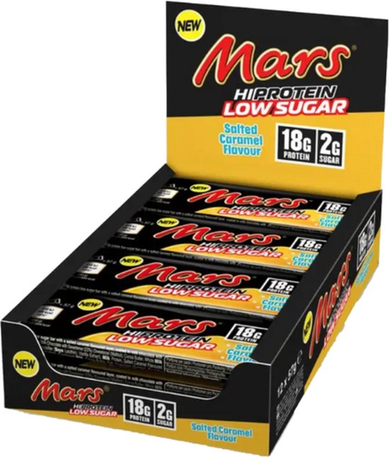 Nieuwe Mars Hi-Protein Low Sugar Salted Caramel repen in een doos.