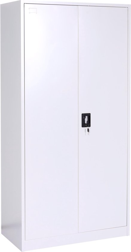 Witte metalen archiefkast met twee deuren, van de zijkant gezien.
