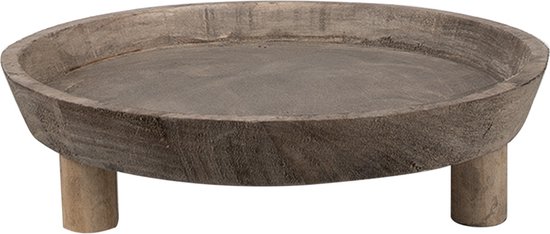 Bruine houten decoratieve schaal met een verweerde look en drie korte pootjes.