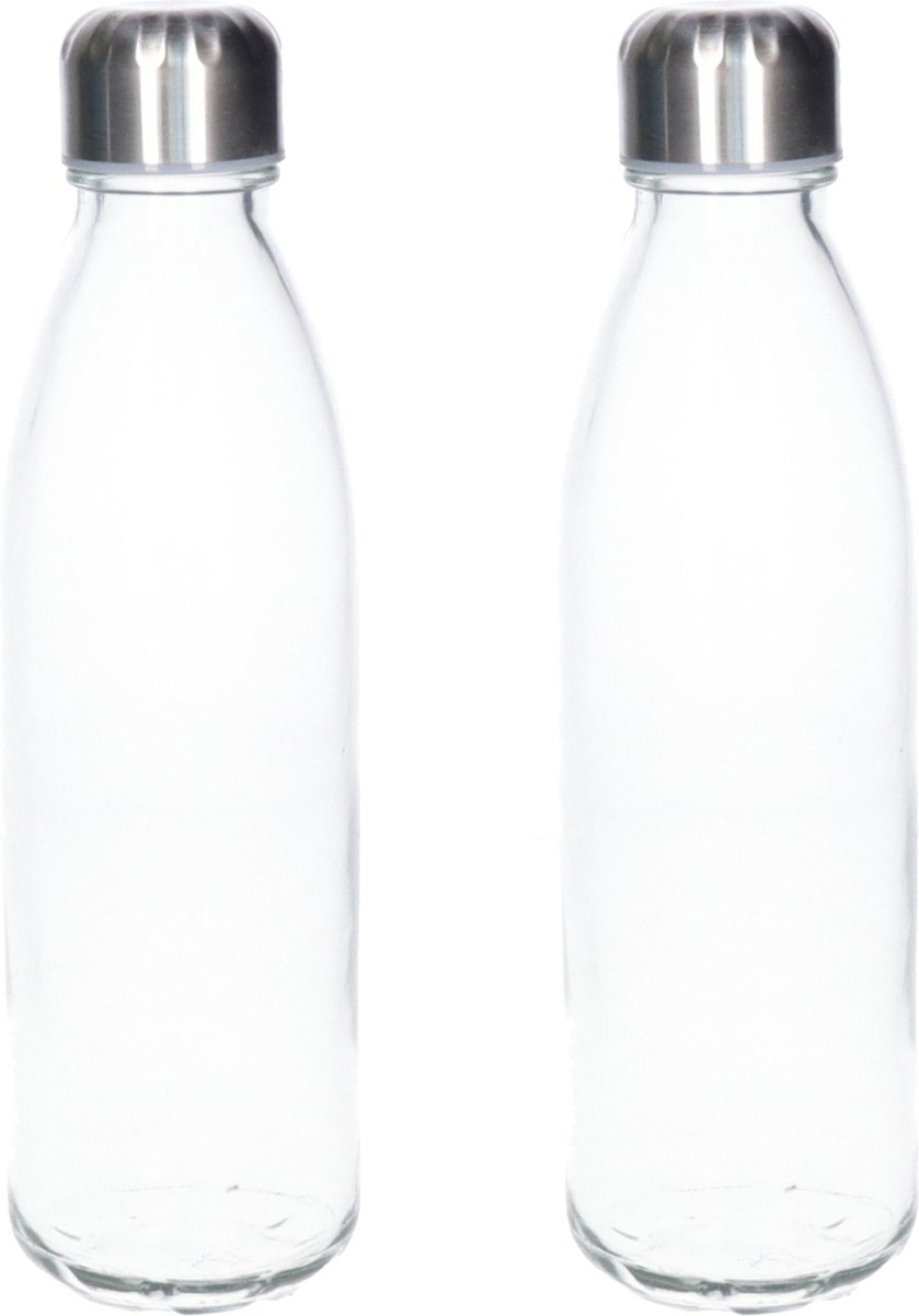2x Stuks glazen waterfles/drinkfles transparant met Rvs dop 500 ml - Drinkflessen