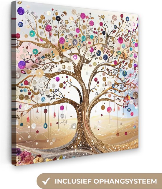 Peinture sur toile 50x50 cm - Décoration murale Arbre de Vie - Or - Coloré - Abstrait - Esthétique - Décoration murale murale salon - Décoration chambre - Accessoires de chambre - Peintures