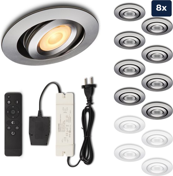 Foto: Ledisons piccolo set met 8 zilveren led inbouwspots en afstandsbediening dimbaar 3 jaar garantie 2700k extra warm wit 200 lumen 3w ip44