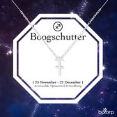 Zilverkleurige ketting met Sagittarius (Boogschutter) symbool op een kaart met sterren en tekst.