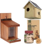 Ensemble habitat pour écureuils design Esschert - Avec maison pour écureuils, aire d'alimentation, nourriture et beurre de cacahuète - Forfait hiver - Ensemble 4 saisons pour écureuils - Pour écureuils gris, roux américains et noirs