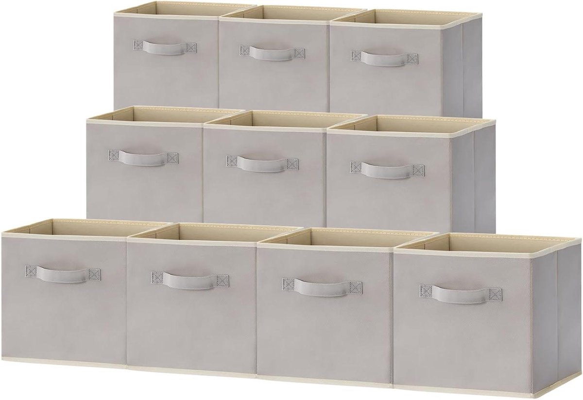 Inklapbare kubus opbergdozen 10-pack decoratieve opbergmanden Middelgrote opbergkratten Open opbergkubussen Handgrepen 265 x 265 x 28 cm Lichtgrijs