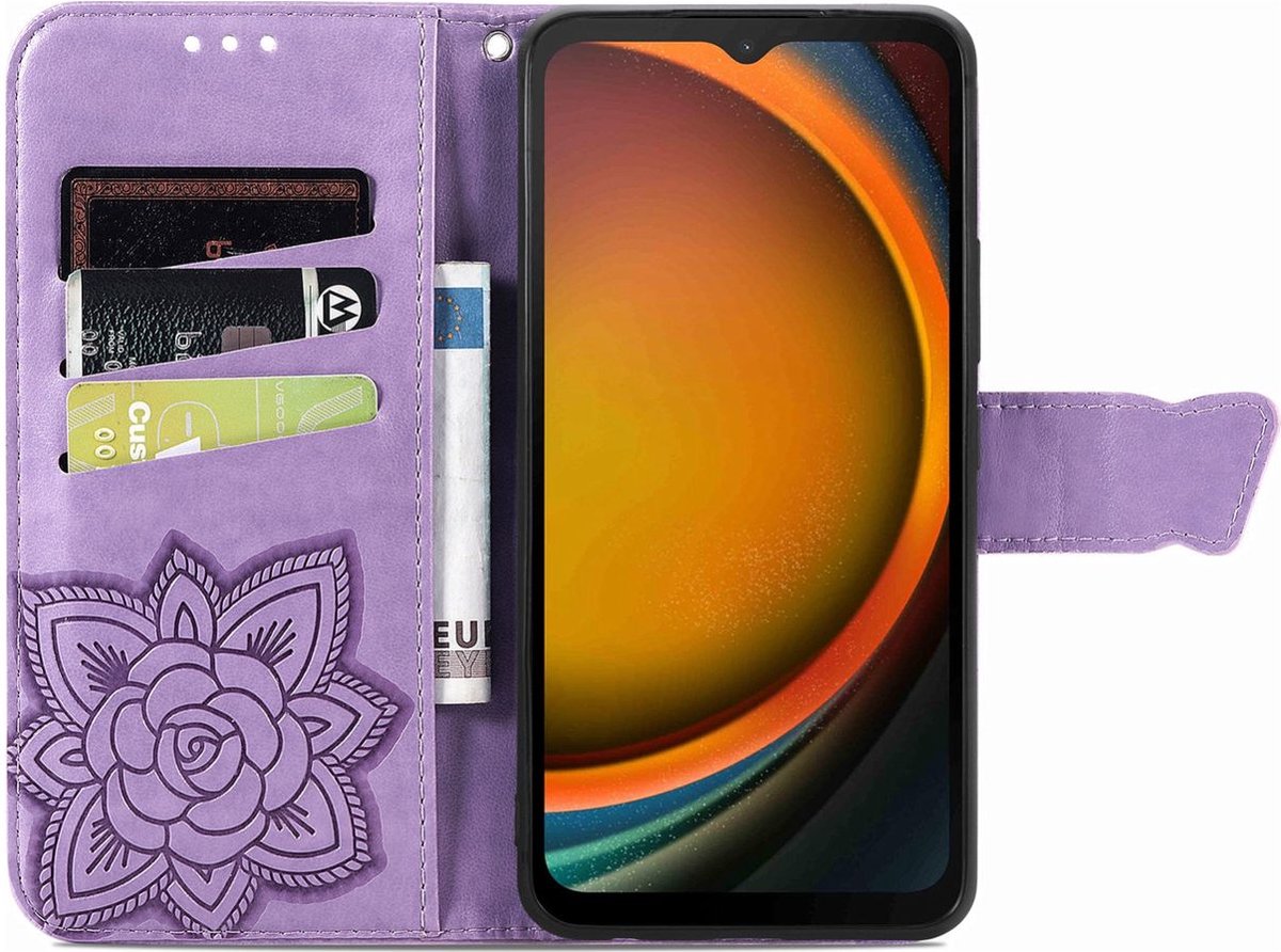 Mobigear Telefoonhoesje geschikt voor Samsung Galaxy Xcover 7 Hoesje | Mobigear Butterfly Bookcase Portemonnee | Pasjeshouder voor 3 Pasjes | Telefoonhoesje voor Pinpas / OV Kaart / Rijbewijs - Paars