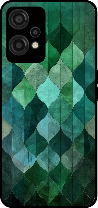 Coque de téléphone avec imprimé de feuilles vertes dans différentes nuances de vert et de bleu, avec un motif d'éléments superposés en forme de goutte.