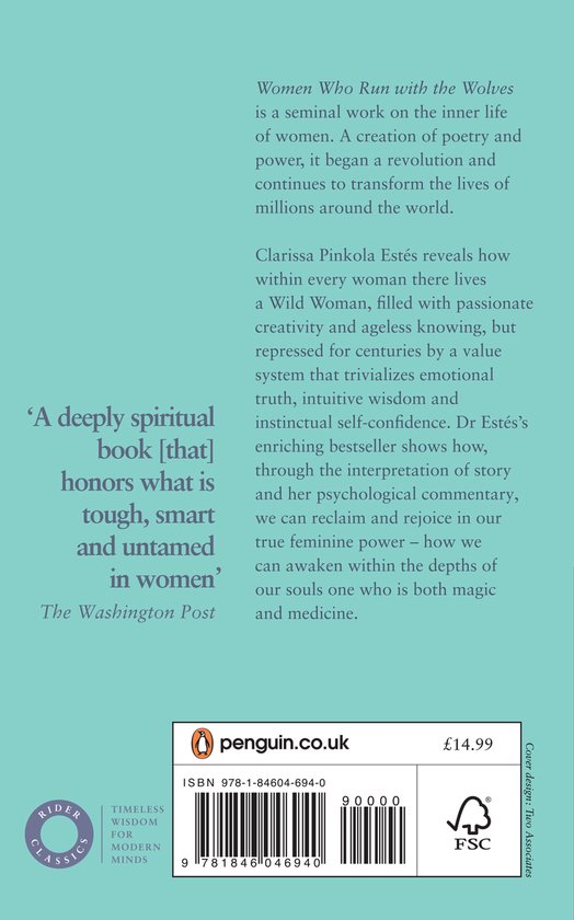 Achterkant van het boek 'Women Who Run with the Wolves' met tekst en een Penguin-logo. Prijs £14.99.