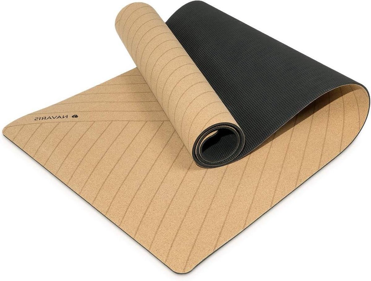 Yoga mat duurzame kurk - Anti-slip sportmat met schouderriem - Trainingsmat voor yoga en pilates - 183 x 61 x 05 cm - Lijnen